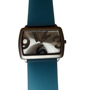 Nine West Watch Womens OS Blue Silver Rectangular Dial Silicone Band Bold Modern